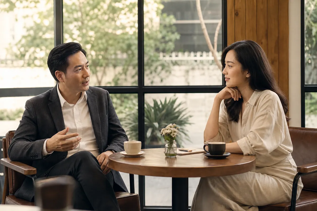 Hai người Việt Nam trưởng thành trao đổi trong một cuộc hẹn tại quán cà phê